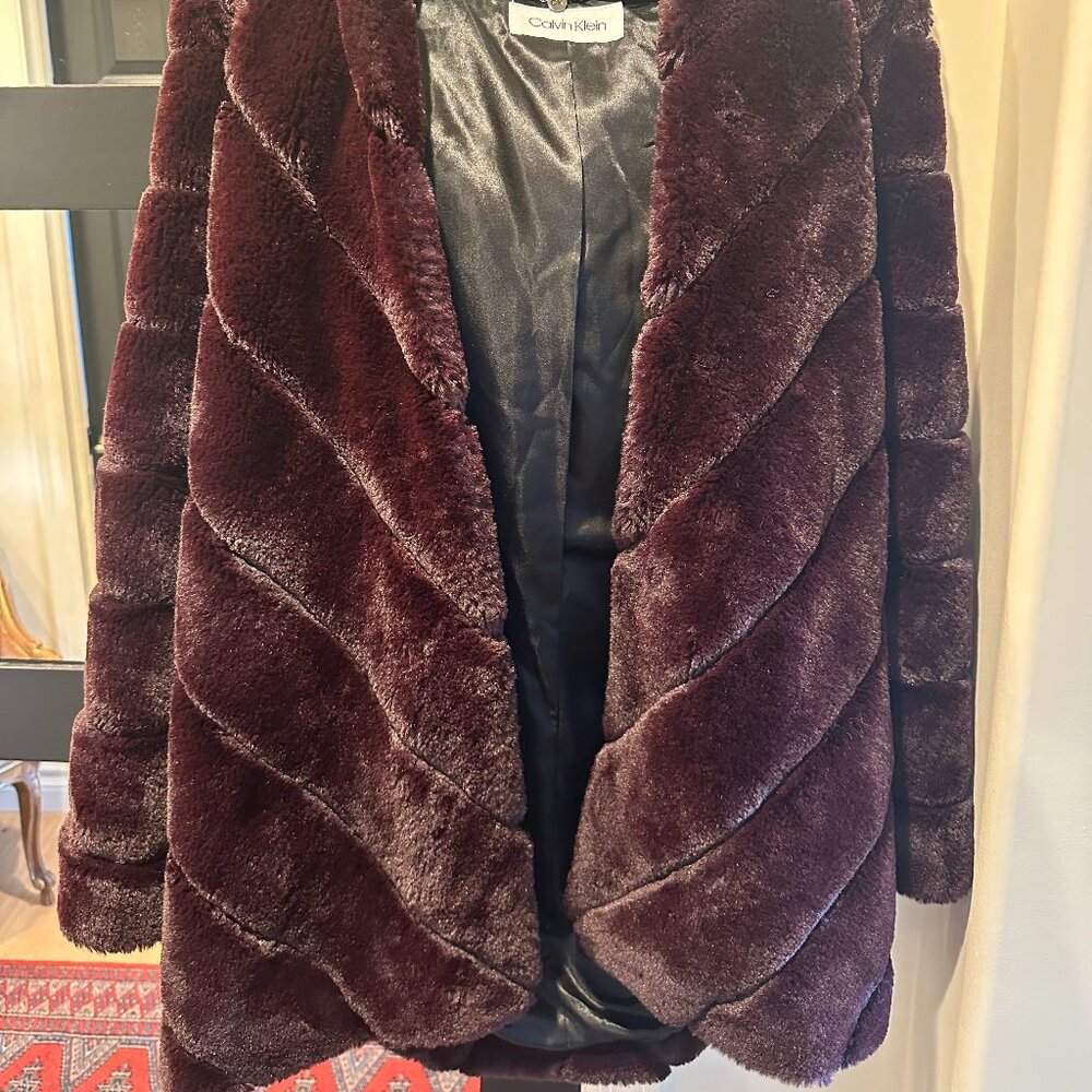 Calvin Klein Burgundy Faux Fur Coat with Hood